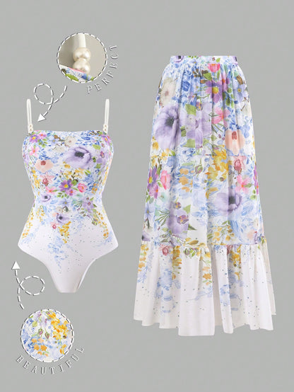 Swim Oasis Women's One-Piece Swimsuit With Square Neck, Spaghetti Strap, Mesh Skirt, Elegant & Casual Style For Vacation