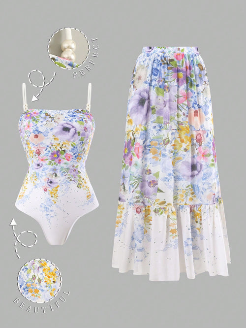 Swim Oasis Women's One-Piece Swimsuit With Square Neck, Spaghetti Strap, Mesh Skirt, Elegant & Casual Style For Vacation