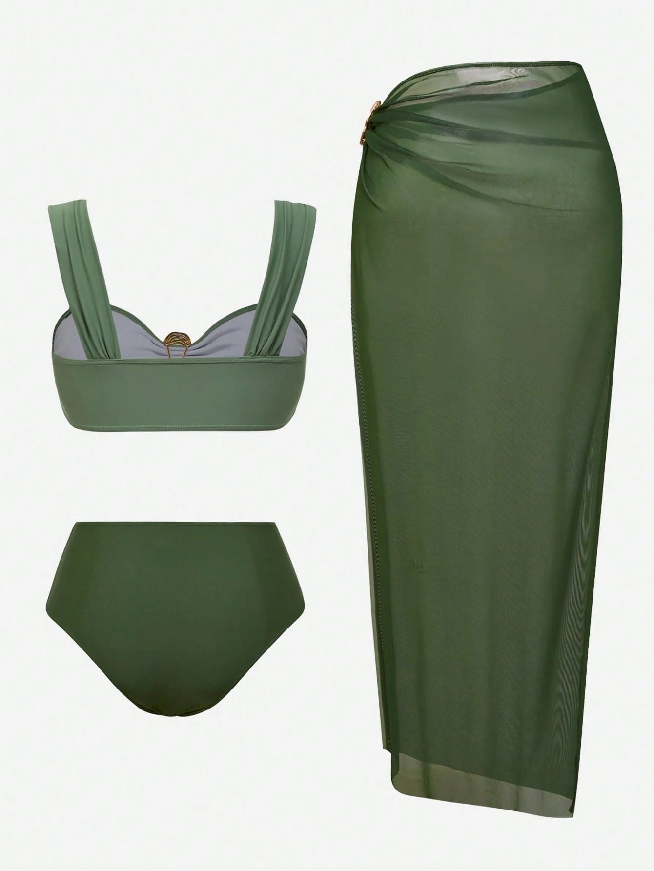 Swim Oasis Women's Sage Green 3 Pieces Swimwear Set,Elegant Summer Casual Beach Bikini With Long Skirt,Boho Holiday Vacation Outfits,Vintage Cruise Resort Wear