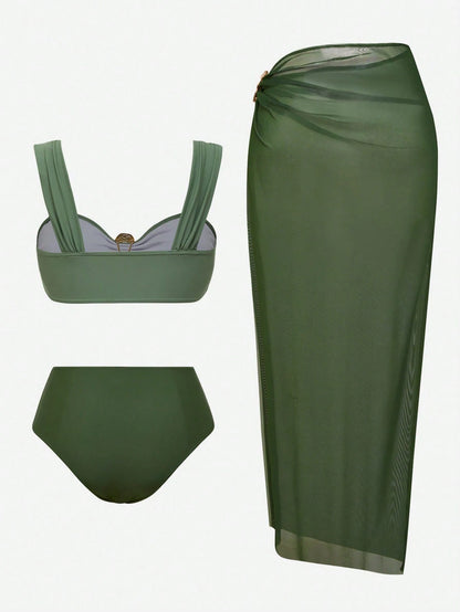 Swim Oasis Women's Sage Green 3 Pieces Swimwear Set,Elegant Summer Casual Beach Bikini With Long Skirt,Boho Holiday Vacation Outfits,Vintage Cruise Resort Wear