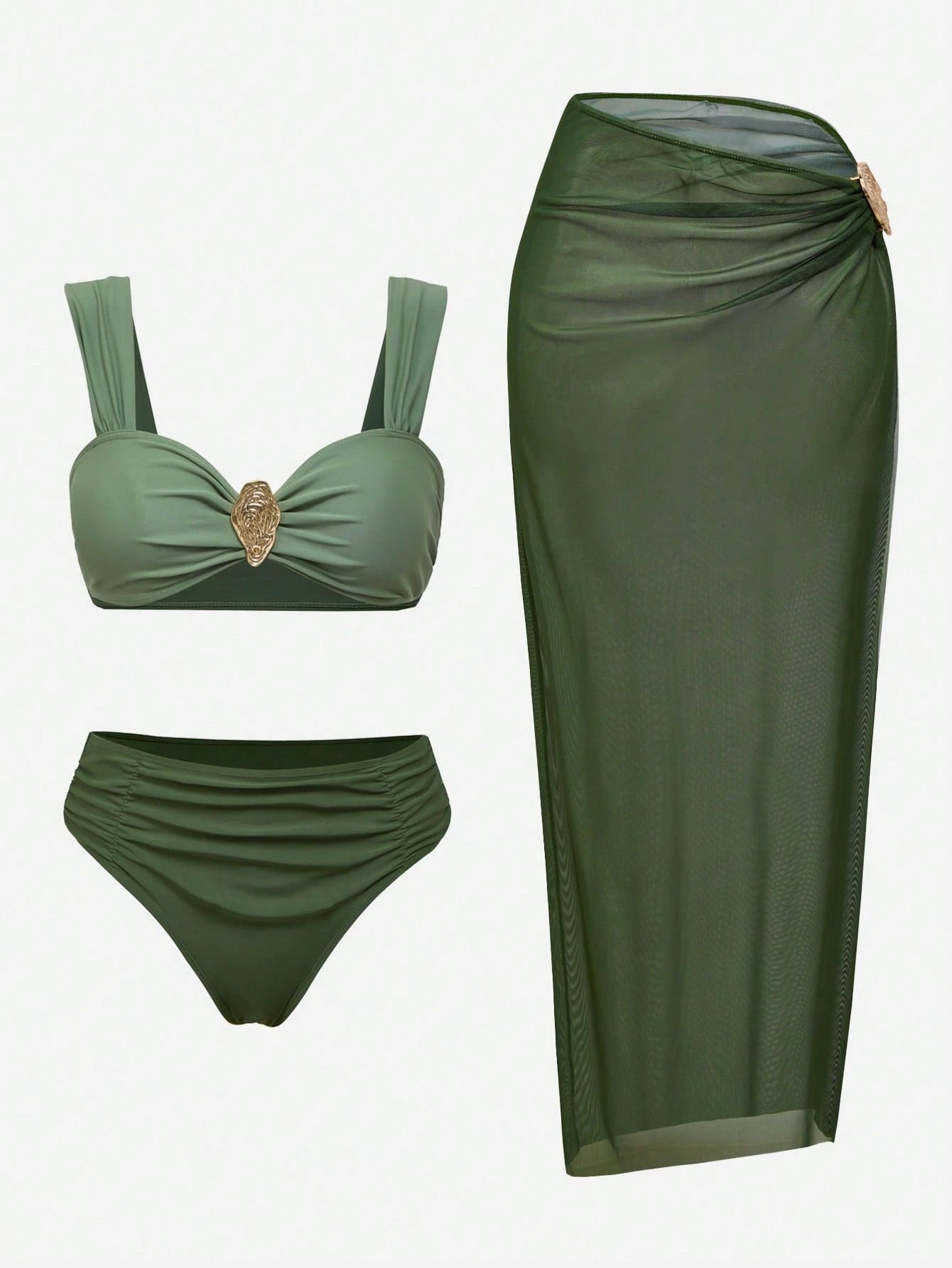 Swim Oasis Women's Sage Green 3 Pieces Swimwear Set,Elegant Summer Casual Beach Bikini With Long Skirt,Boho Holiday Vacation Outfits,Vintage Cruise Resort Wear