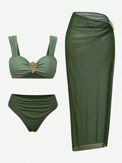 Swim Oasis Women's Sage Green 3 Pieces Swimwear Set,Elegant Summer Casual Beach Bikini With Long Skirt,Boho Holiday Vacation Outfits,Vintage Cruise Resort Wear