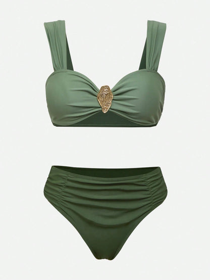 Swim Oasis Women's Sage Green 3 Pieces Swimwear Set,Elegant Summer Casual Beach Bikini With Long Skirt,Boho Holiday Vacation Outfits,Vintage Cruise Resort Wear
