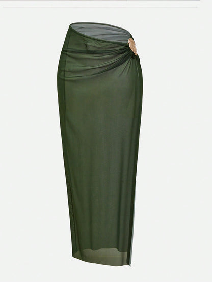 Swim Oasis Women's Sage Green 3 Pieces Swimwear Set,Elegant Summer Casual Beach Bikini With Long Skirt,Boho Holiday Vacation Outfits,Vintage Cruise Resort Wear