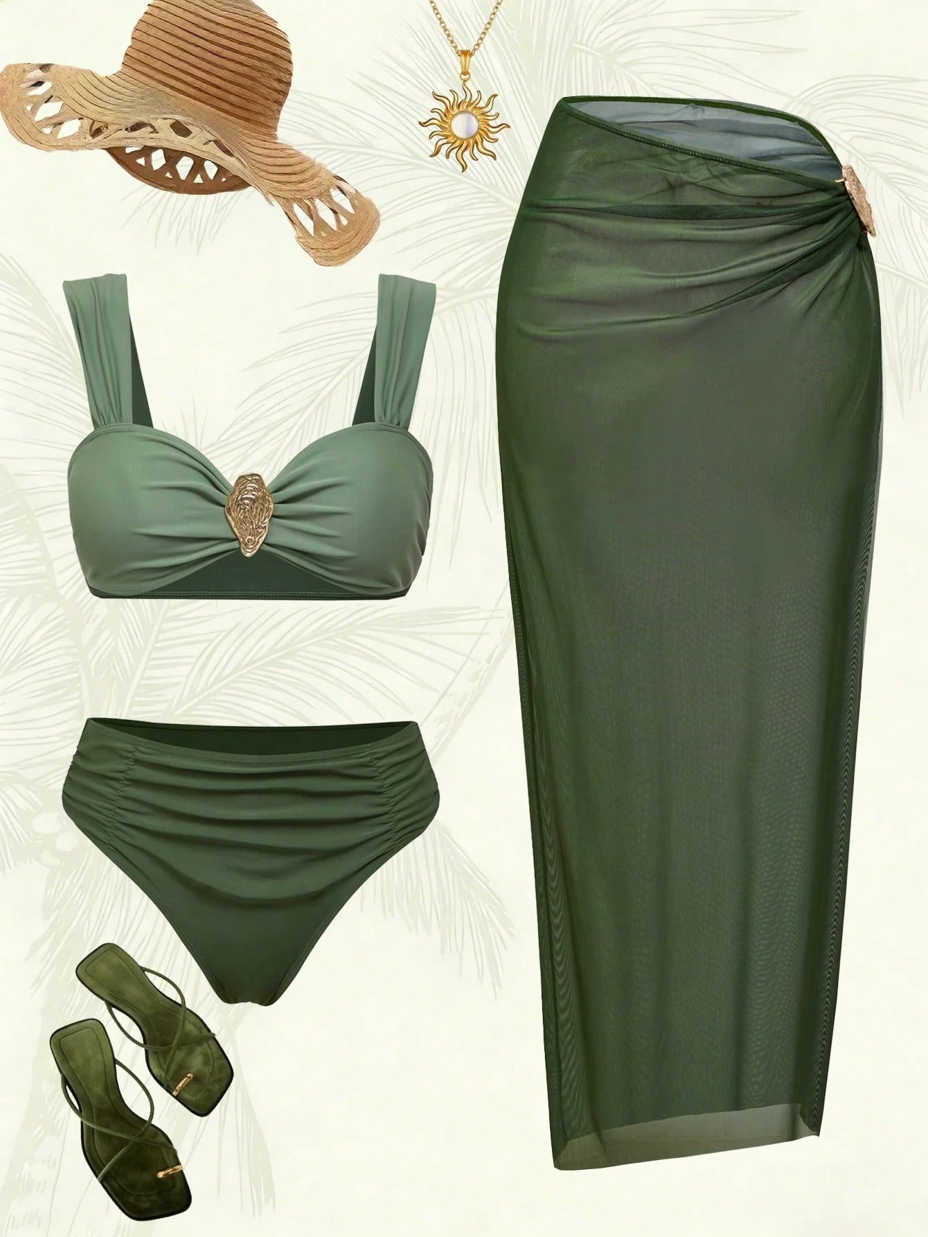 Swim Oasis Women's Sage Green 3 Pieces Swimwear Set,Elegant Summer Casual Beach Bikini With Long Skirt,Boho Holiday Vacation Outfits,Vintage Cruise Resort Wear