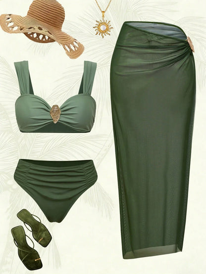 Swim Oasis Women's Sage Green 3 Pieces Swimwear Set,Elegant Summer Casual Beach Bikini With Long Skirt,Boho Holiday Vacation Outfits,Vintage Cruise Resort Wear