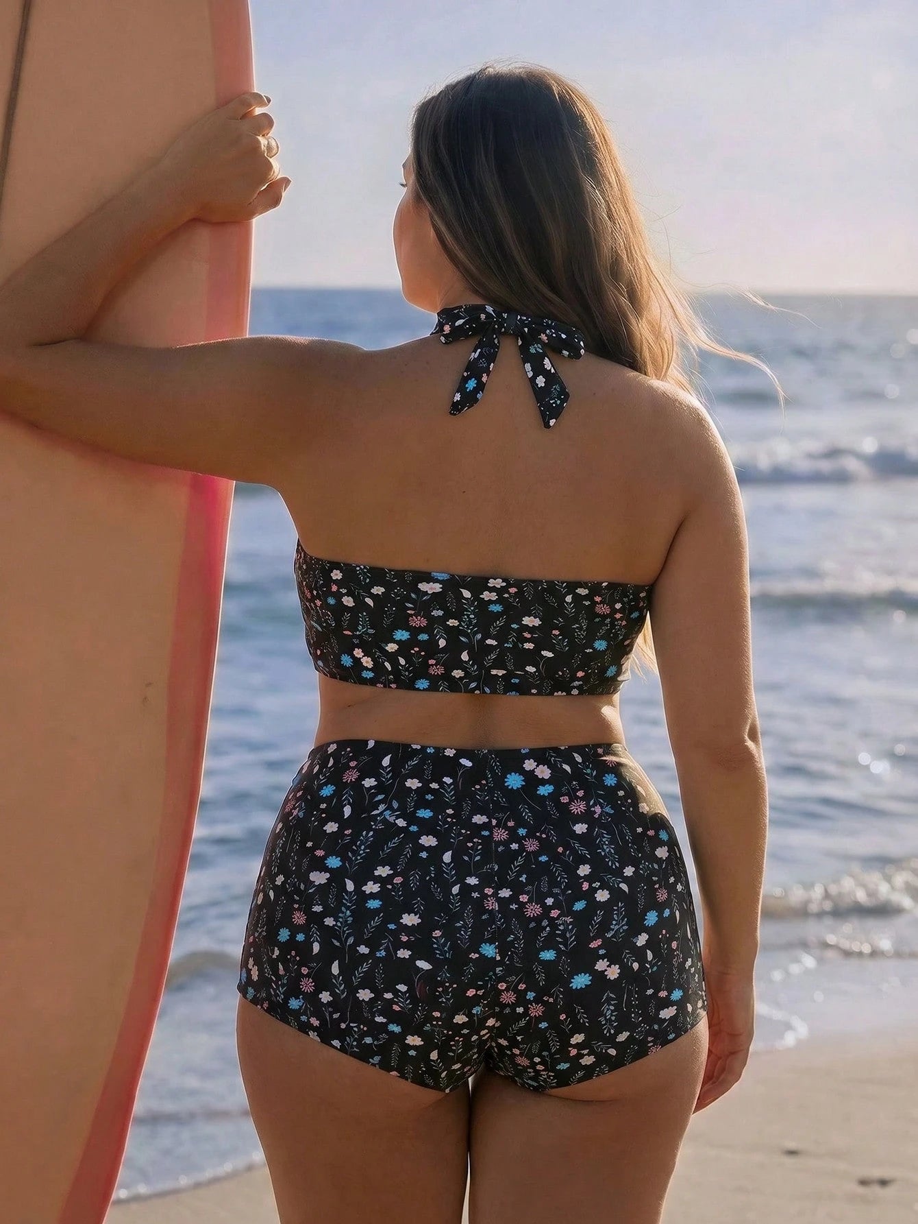 Swim SPRTY Plus Size Women 2pcs/Set Random Print Halter Tie Tummy Control Tankini Bikini Set Set