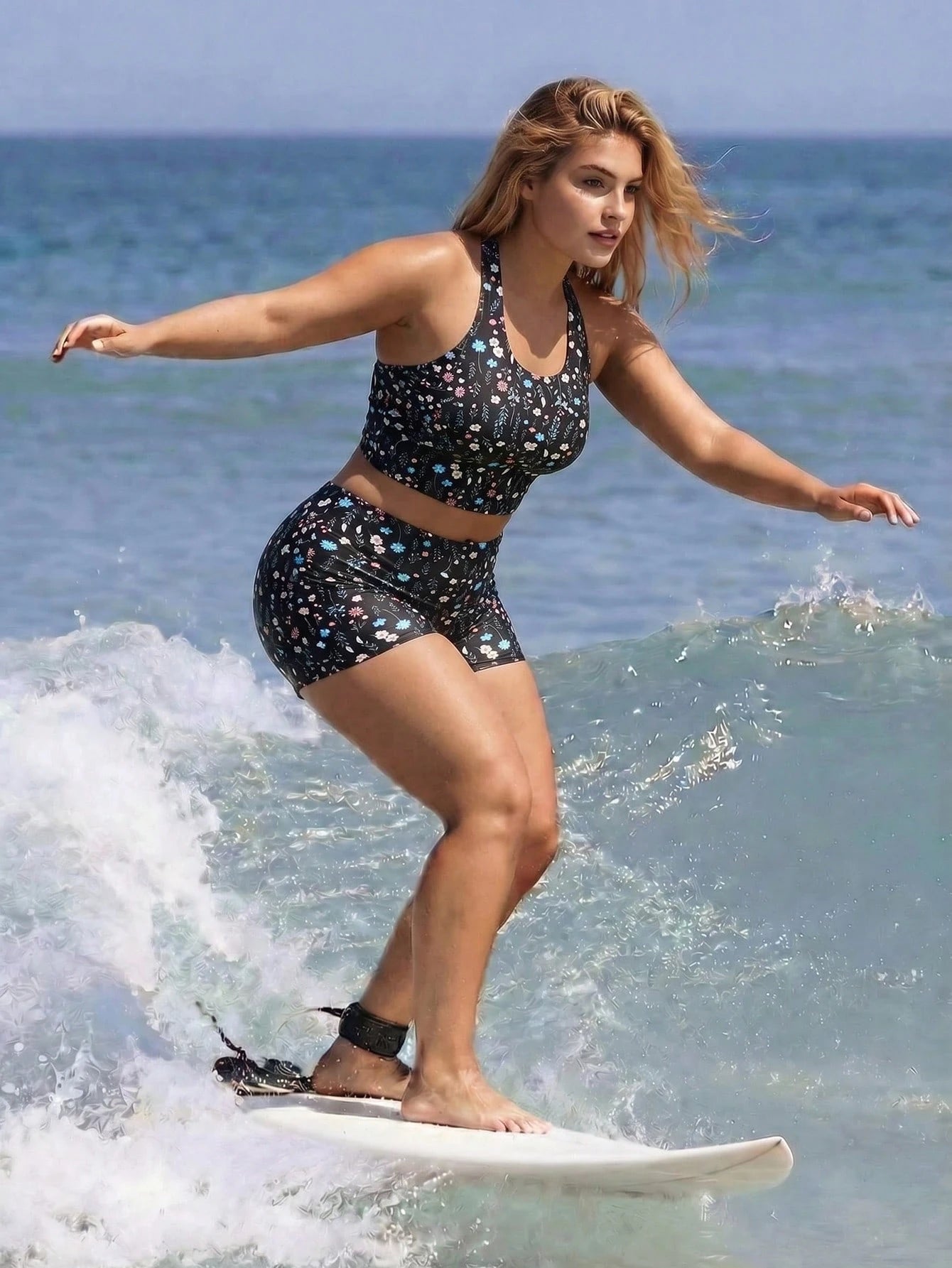 Swim SPRTY Plus Size Women 2pcs/Set Random Print Halter Tie Tummy Control Tankini Bikini Set Set