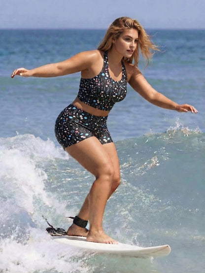 Swim SPRTY Plus Size Women 2pcs/Set Random Print Halter Tie Tummy Control Tankini Bikini Set Set