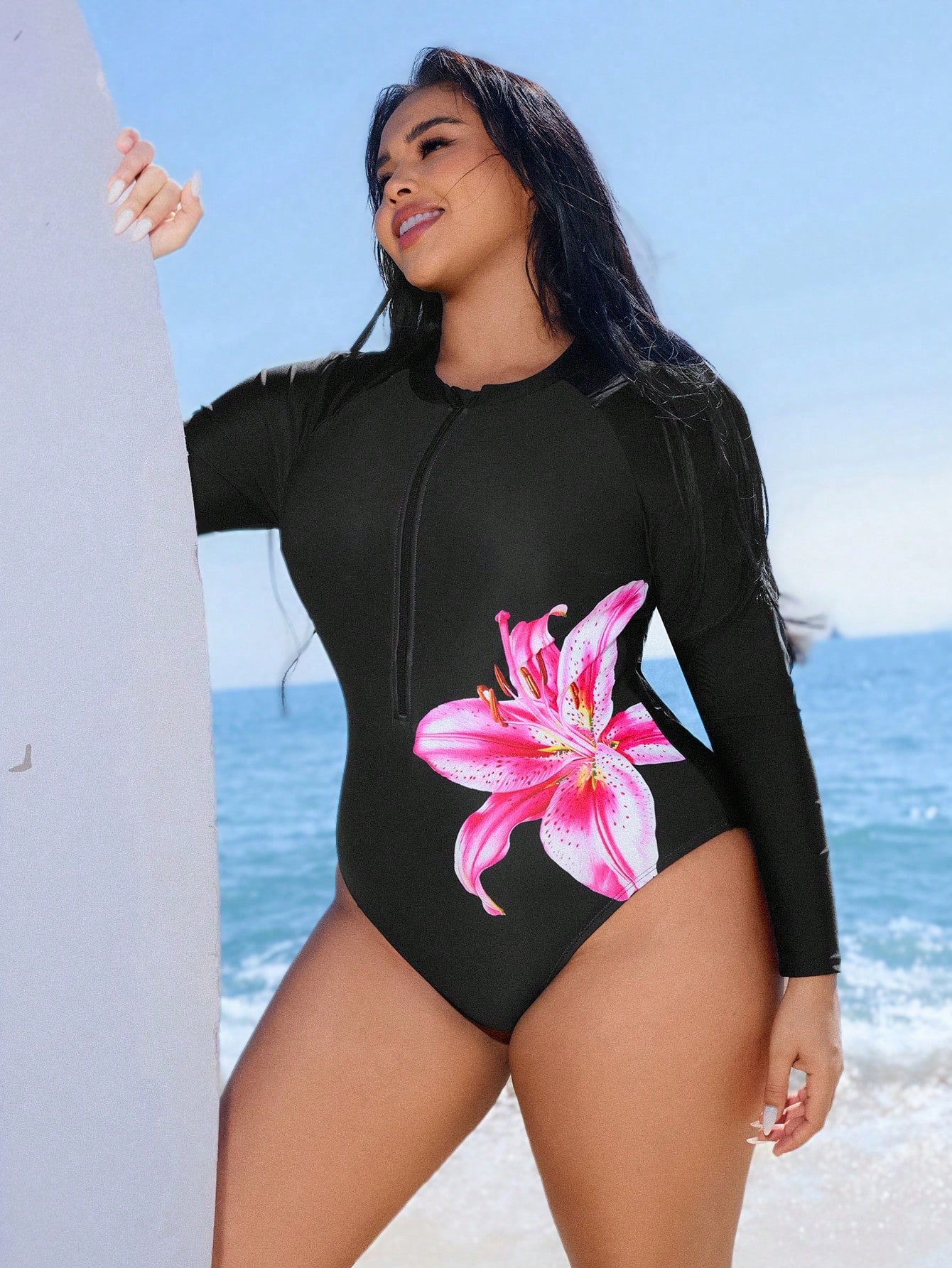 Swim SPRTY Plus Size Women One-Piece Printed Long Sleeve Front Zipper Rash Guard Swimsuit Beach Summer