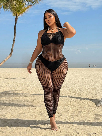 Swim SXY 2026 New Arrival Women's Hollow Out Romantic Black Plus Size Cover Up