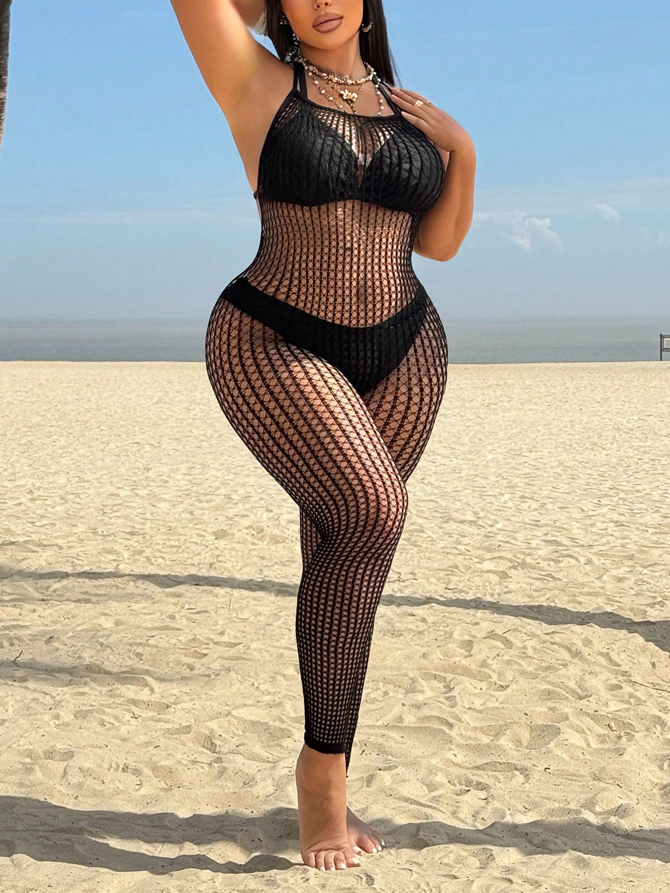 Swim SXY 2026 New Arrival Women's Hollow Out Romantic Black Plus Size Cover Up