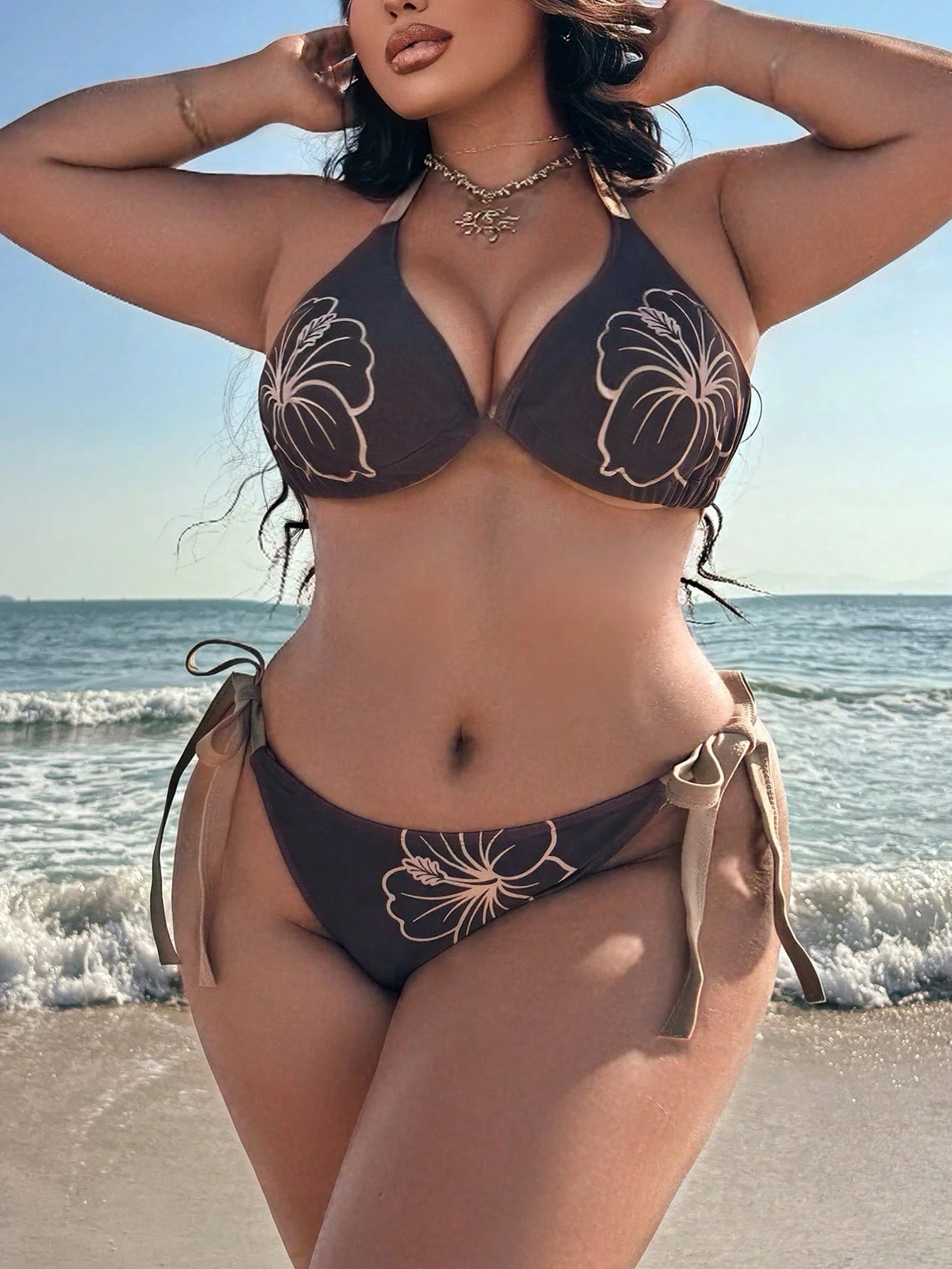 Swim SXY 2026 Summer Women's Beach Bikini Sexy Vacation Plus Size Swimsuit Set, Summer Women's Plus Size Bikini Set, Positioned Print Sexy Vacation Brown Swimsuit Two Pieces Set