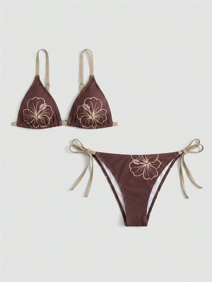 Swim SXY 2026 Summer Women's Beach Bikini Sexy Vacation Plus Size Swimsuit Set, Summer Women's Plus Size Bikini Set, Positioned Print Sexy Vacation Brown Swimsuit Two Pieces Set