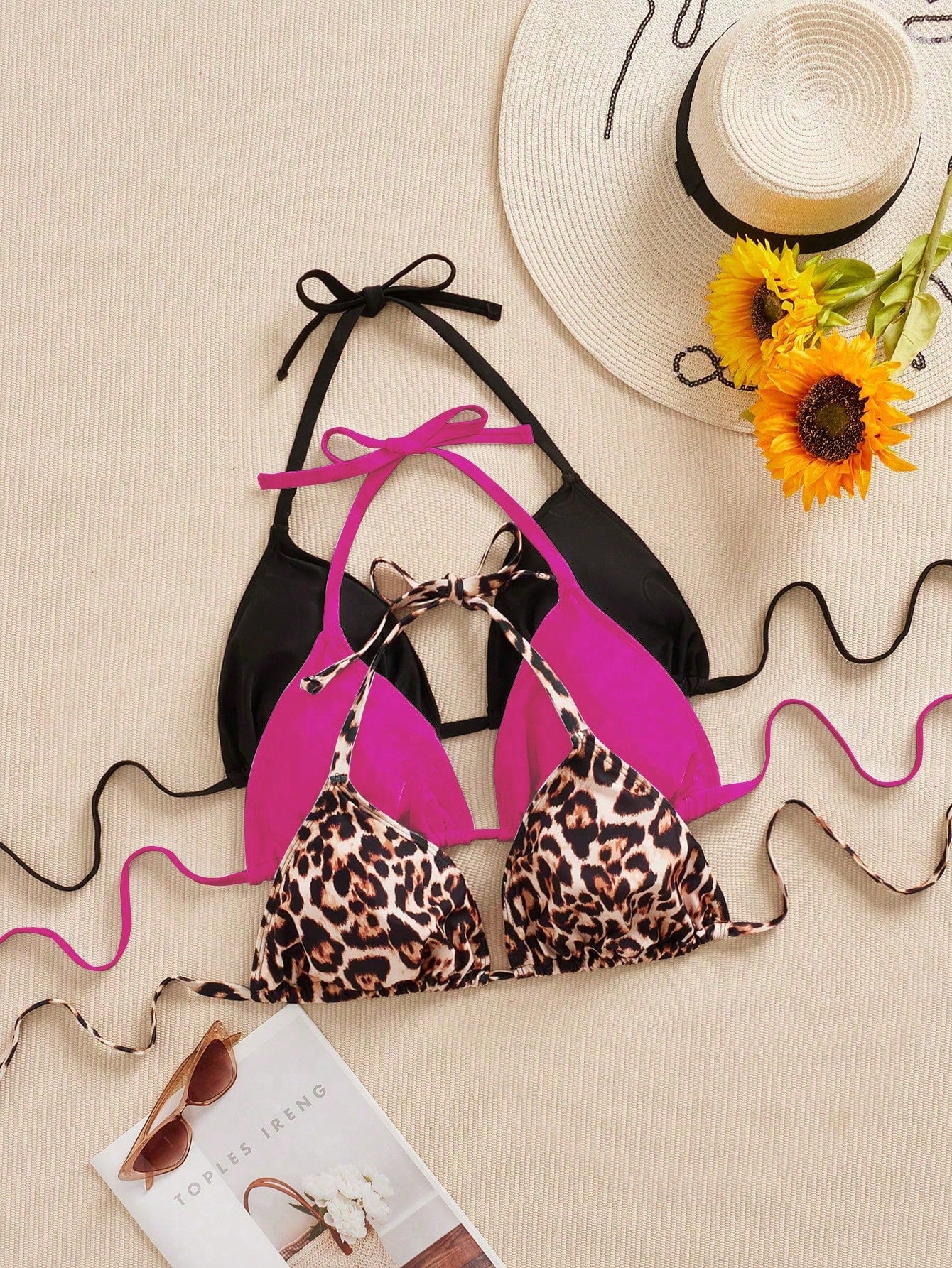 Swim SXY 3 Pcs Plus Size Women's Swimwear Top, Multicolor Leopard Print, Spaghetti Strap, Simple Everyday Bikini Top For Summer Beach Vacation