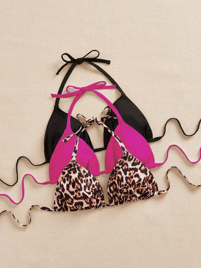 Swim SXY 3 Pcs Plus Size Women's Swimwear Top, Multicolor Leopard Print, Spaghetti Strap, Simple Everyday Bikini Top For Summer Beach Vacation