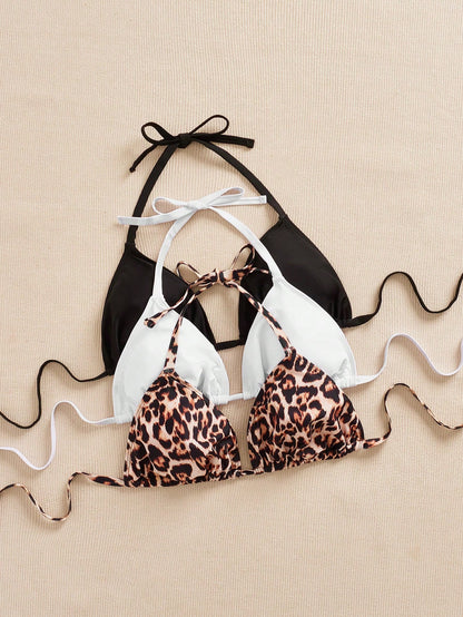 Swim SXY 3 Pcs Plus Size Women's Swimwear Top, Multicolor Leopard Print, Spaghetti Strap, Simple Everyday Bikini Top For Summer Beach Vacation