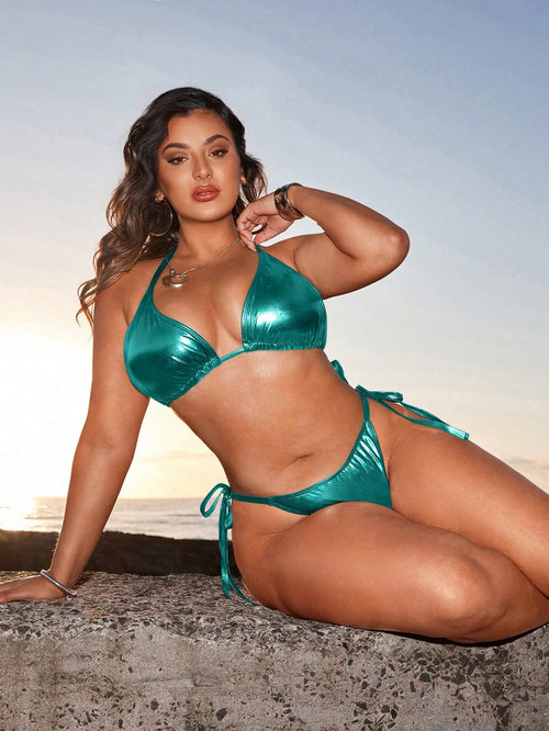 Swim SXY Plus Size Metallic Halter Tie Split Bikini Swimsuit Set,Beach Outfits For Woman For Summer Beach Vacation