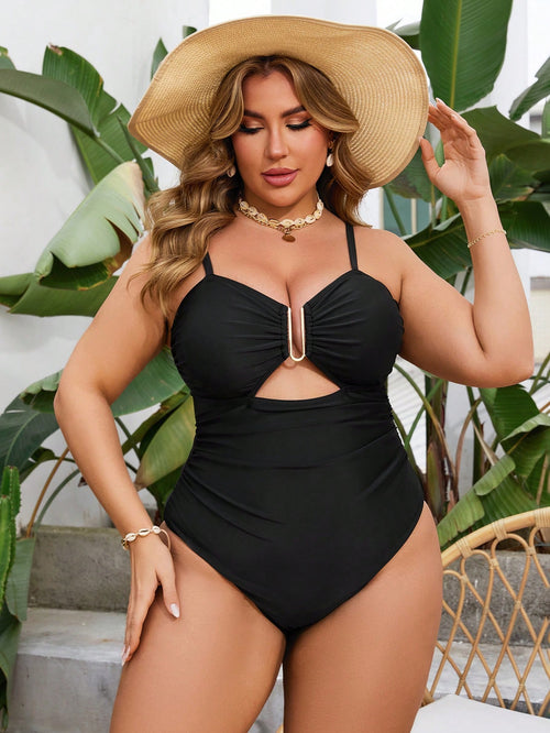 Swim SXY Plus Size One-Piece Solid Color Spaghetti Strap Front Cut-Out Metal Decor U-Shaped Hook Sexy Elegant Vacation Jumper Swimsuit For Women Summer