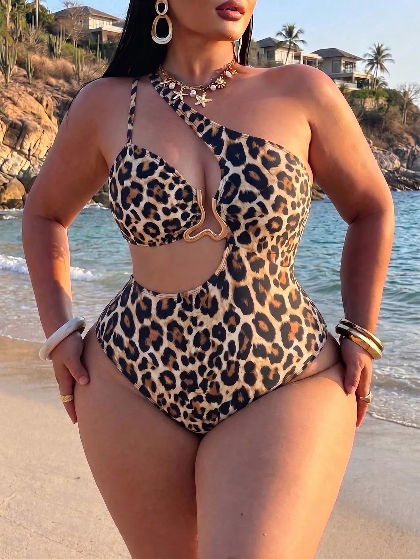 Swim SXY Plus Size One-Piece Swimsuit For Women, Zebra Print Asymmetric Waist Cutout With Beige Buckle, Summer, Beach Vacation, Holiday Pool Party Swimwear