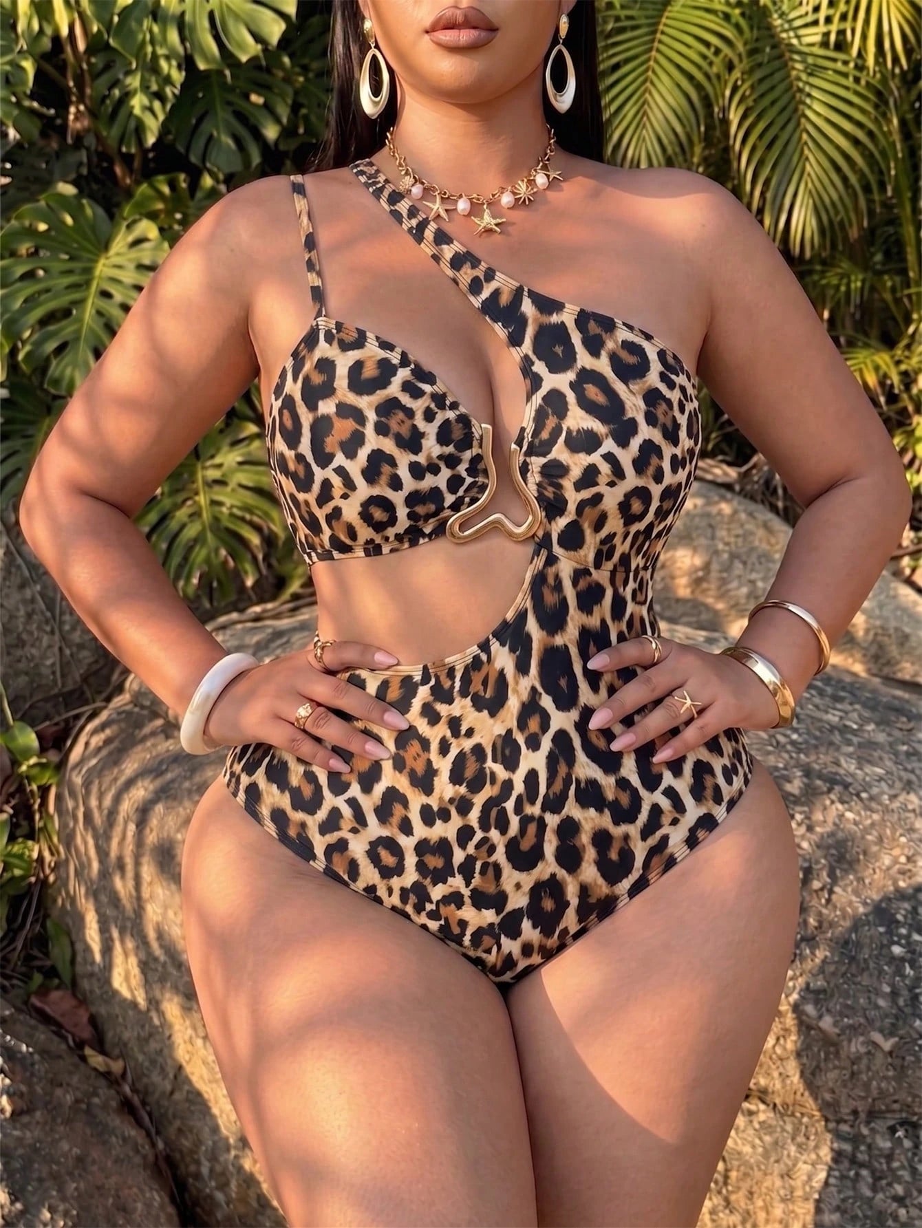 Swim SXY Plus Size One-Piece Swimsuit For Women, Zebra Print Asymmetric Waist Cutout With Beige Buckle, Summer, Beach Vacation, Holiday Pool Party Swimwear