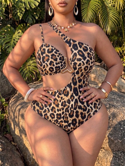 Swim SXY Plus Size One-Piece Swimsuit For Women, Zebra Print Asymmetric Waist Cutout With Beige Buckle, Summer, Beach Vacation, Holiday Pool Party Swimwear