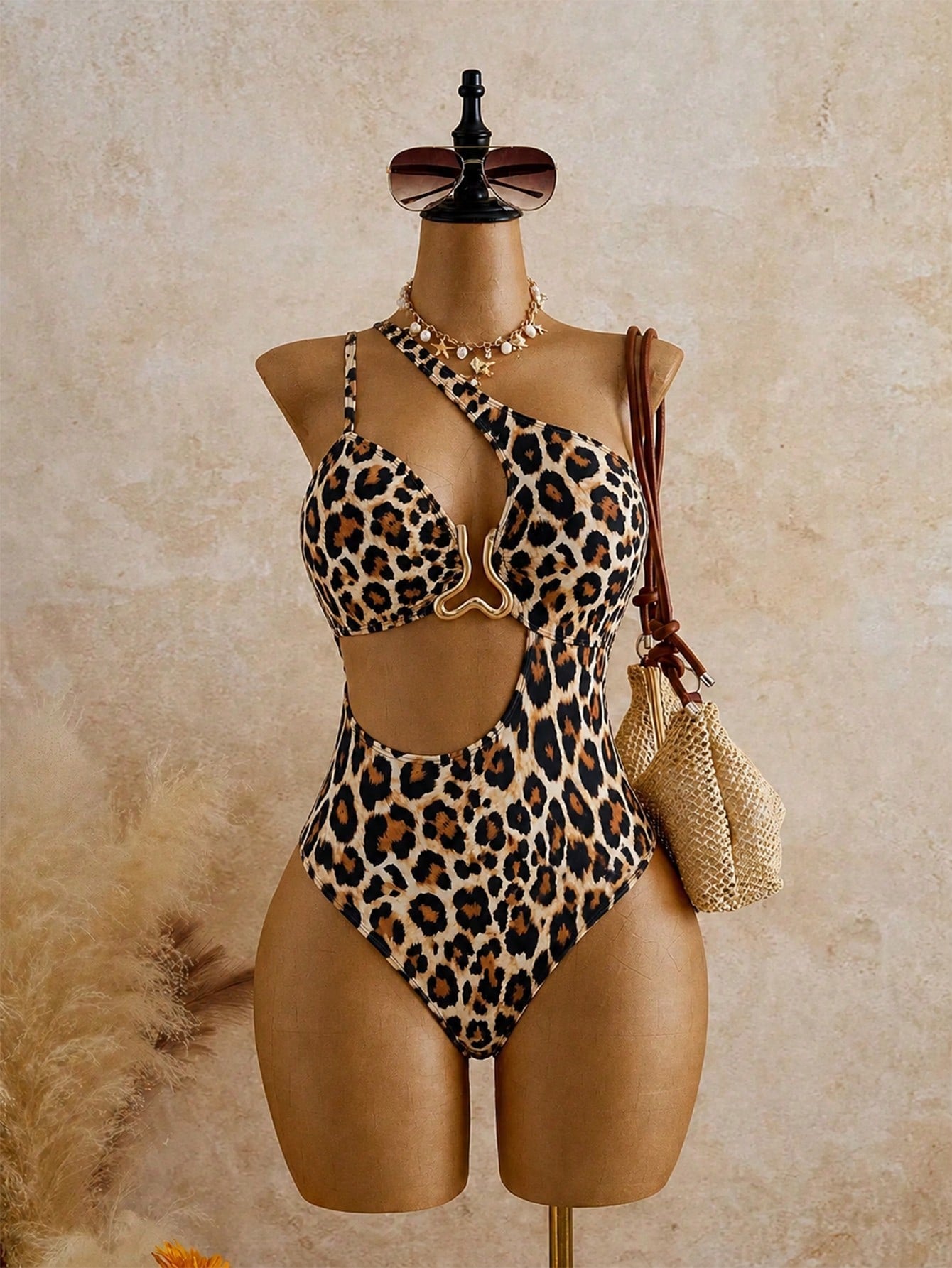 Swim SXY Plus Size One-Piece Swimsuit For Women, Zebra Print Asymmetric Waist Cutout With Beige Buckle, Summer, Beach Vacation, Holiday Pool Party Swimwear