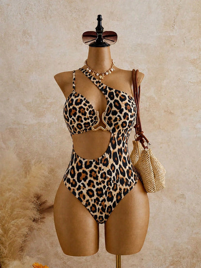 Swim SXY Plus Size One-Piece Swimsuit For Women, Zebra Print Asymmetric Waist Cutout With Beige Buckle, Summer, Beach Vacation, Holiday Pool Party Swimwear