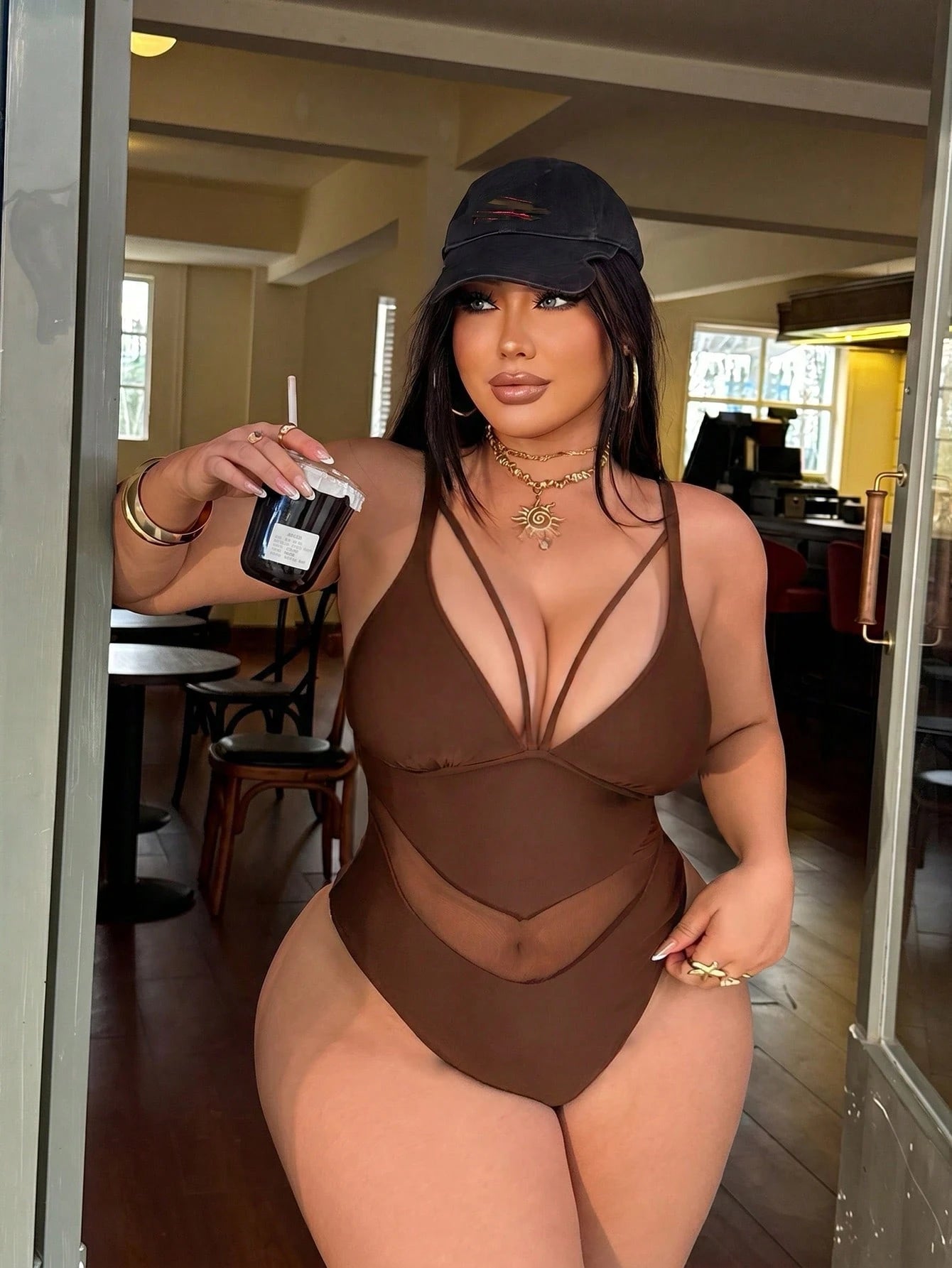 Swim SXY Plus Size Sexy Black Mesh Patchwork V-Neck One-Piece Swimsuit, Suitable For Beach And Vacation, Spring/Summer