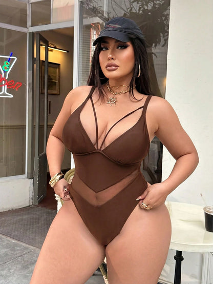 Swim SXY Plus Size Sexy Black Mesh Patchwork V-Neck One-Piece Swimsuit, Suitable For Beach And Vacation, Spring/Summer