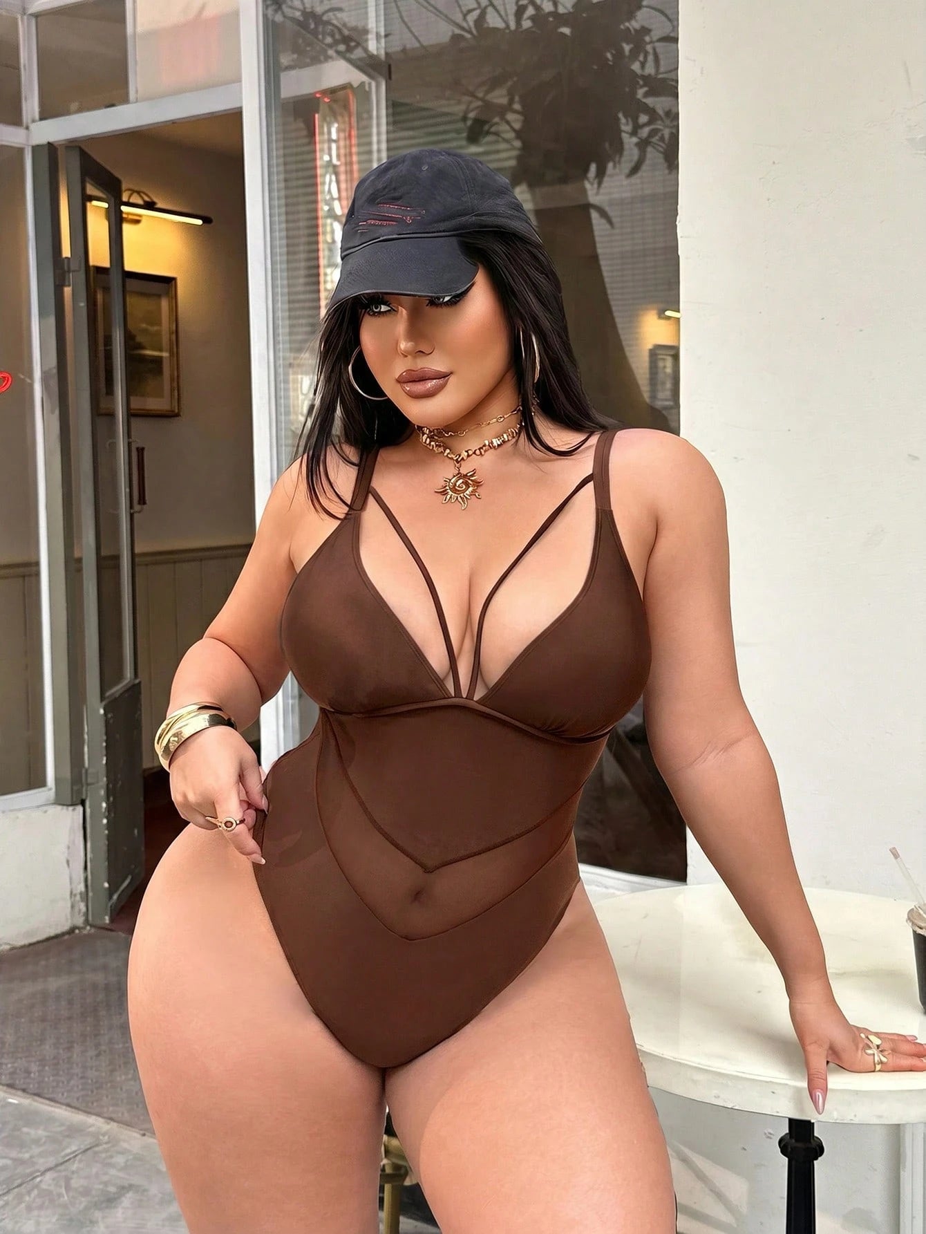 Swim SXY Plus Size Sexy Black Mesh Patchwork V-Neck One-Piece Swimsuit, Suitable For Beach And Vacation, Spring/Summer