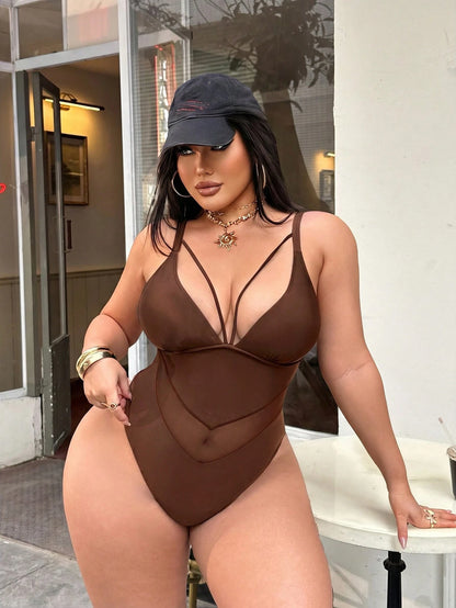 Swim SXY Plus Size Sexy Black Mesh Patchwork V-Neck One-Piece Swimsuit, Suitable For Beach And Vacation, Spring/Summer