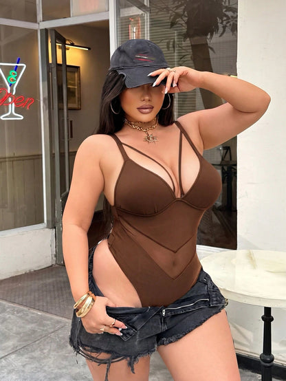Swim SXY Plus Size Sexy Black Mesh Patchwork V-Neck One-Piece Swimsuit, Suitable For Beach And Vacation, Spring/Summer