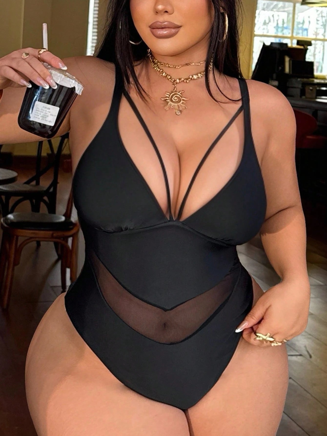 Swim SXY Plus Size Sexy Black Mesh Patchwork V-Neck One-Piece Swimsuit, Suitable For Beach And Vacation, Spring/Summer