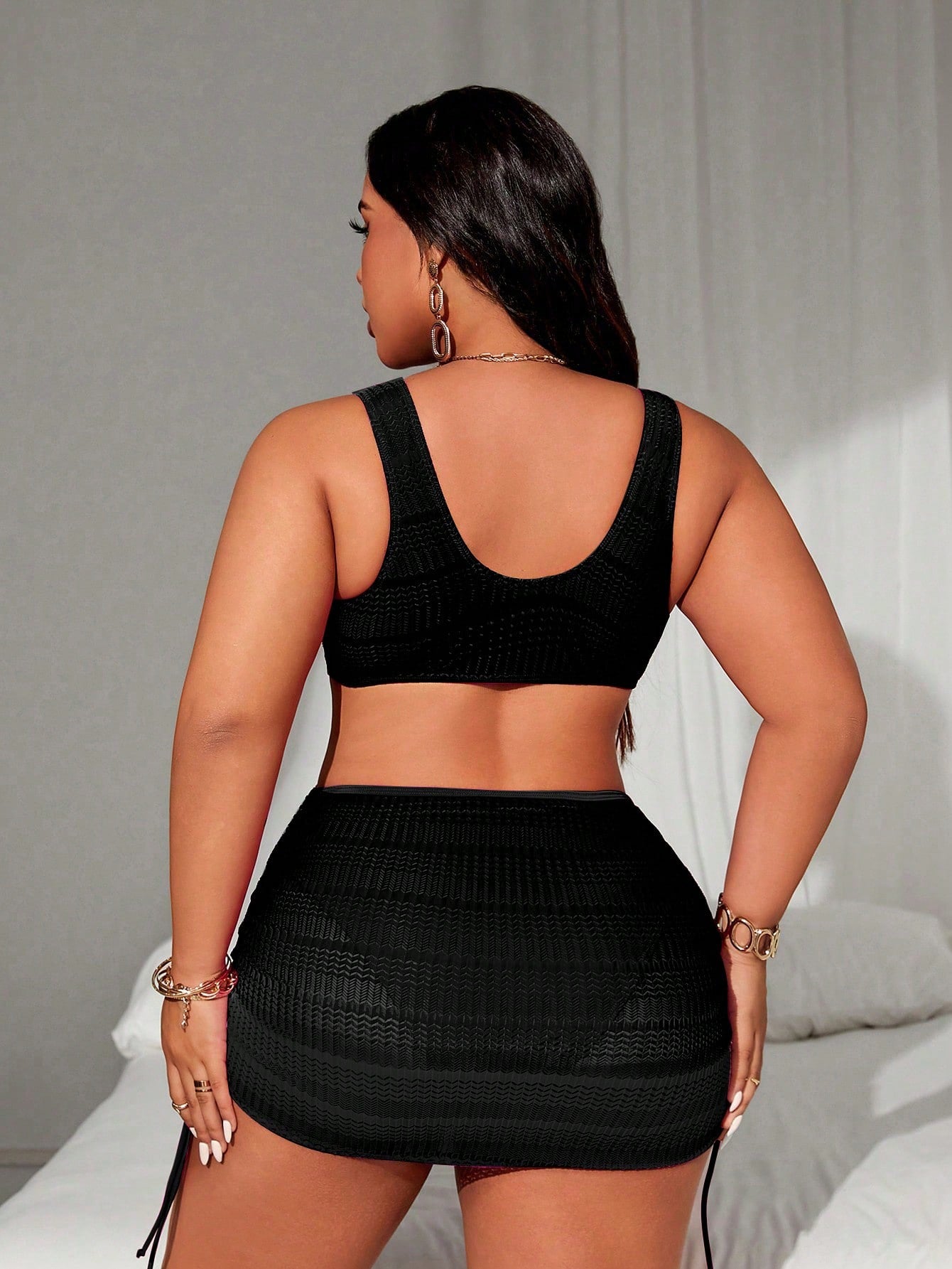 Swim SXY Plus Size Women's 2pcs Ombre Color Halter Waist Hollow Out Drawstring Split Swimsuit Set