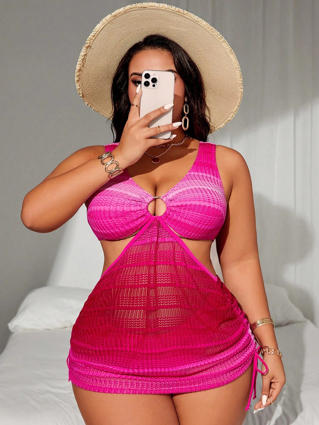 Swim SXY Plus Size Women's 2pcs Ombre Color Halter Waist Hollow Out Drawstring Split Swimsuit Set
