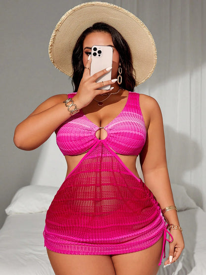 Swim SXY Plus Size Women's 2pcs Ombre Color Halter Waist Hollow Out Drawstring Split Swimsuit Set