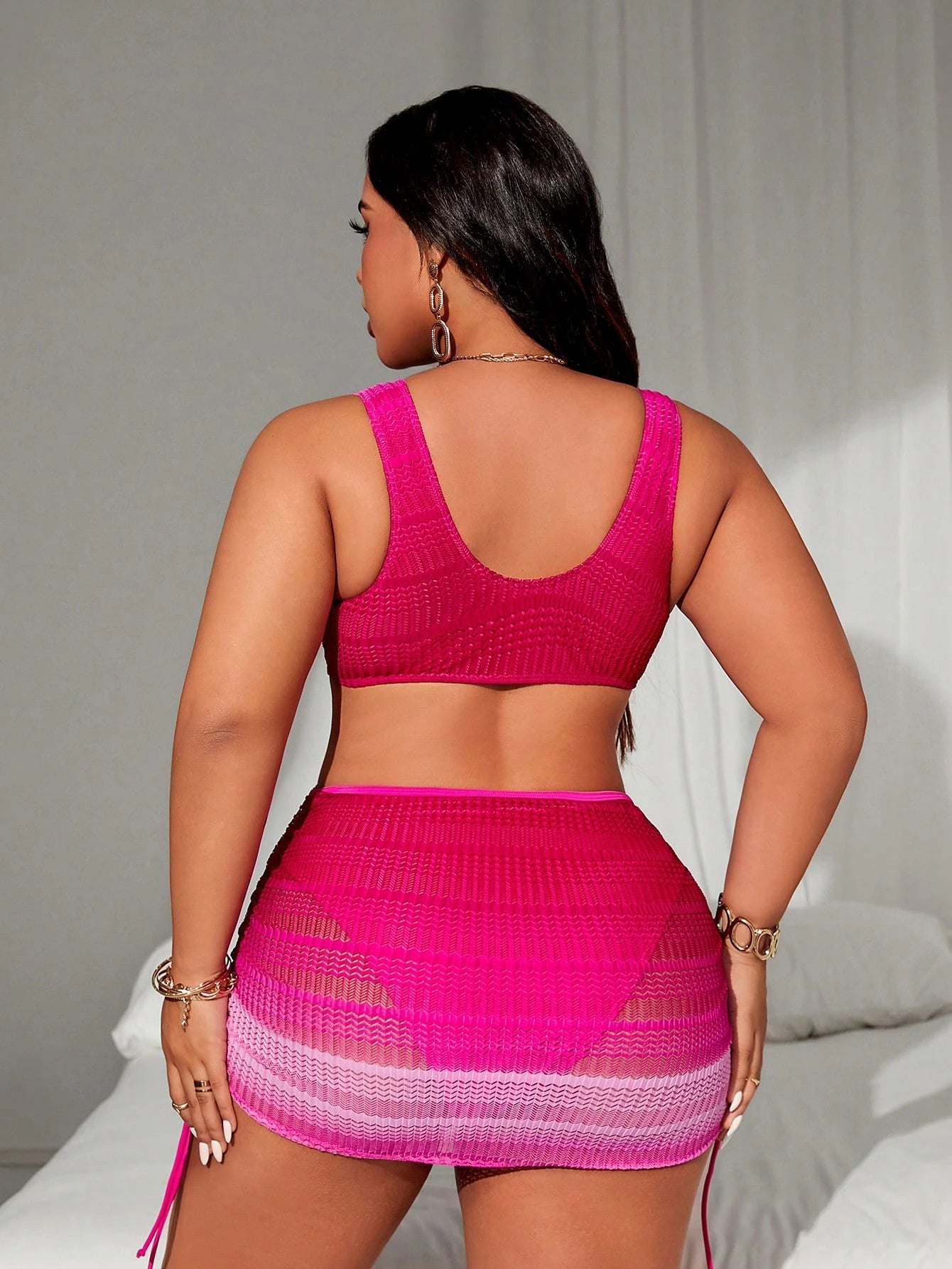 Swim SXY Plus Size Women's 2pcs Ombre Color Halter Waist Hollow Out Drawstring Split Swimsuit Set