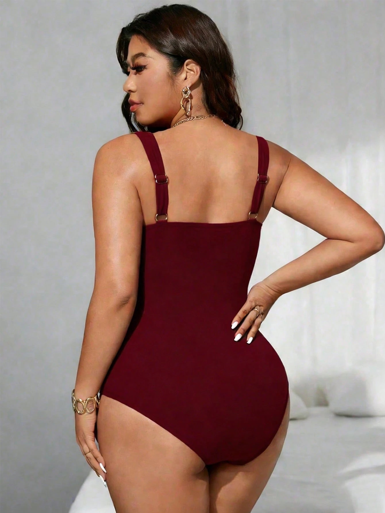 Swim SXY Plus Size Women's Cross-Front Burgundy Mesh Patchwork One-Piece Swimsuit, Summer Beach Vacation