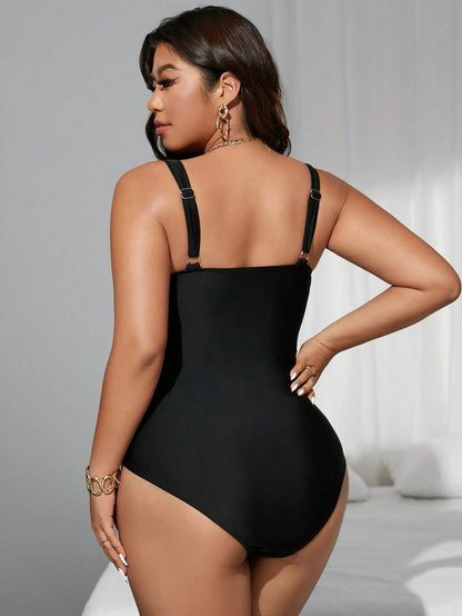 Swim SXY Plus Size Women's Cross-Front Burgundy Mesh Patchwork One-Piece Swimsuit, Summer Beach Vacation