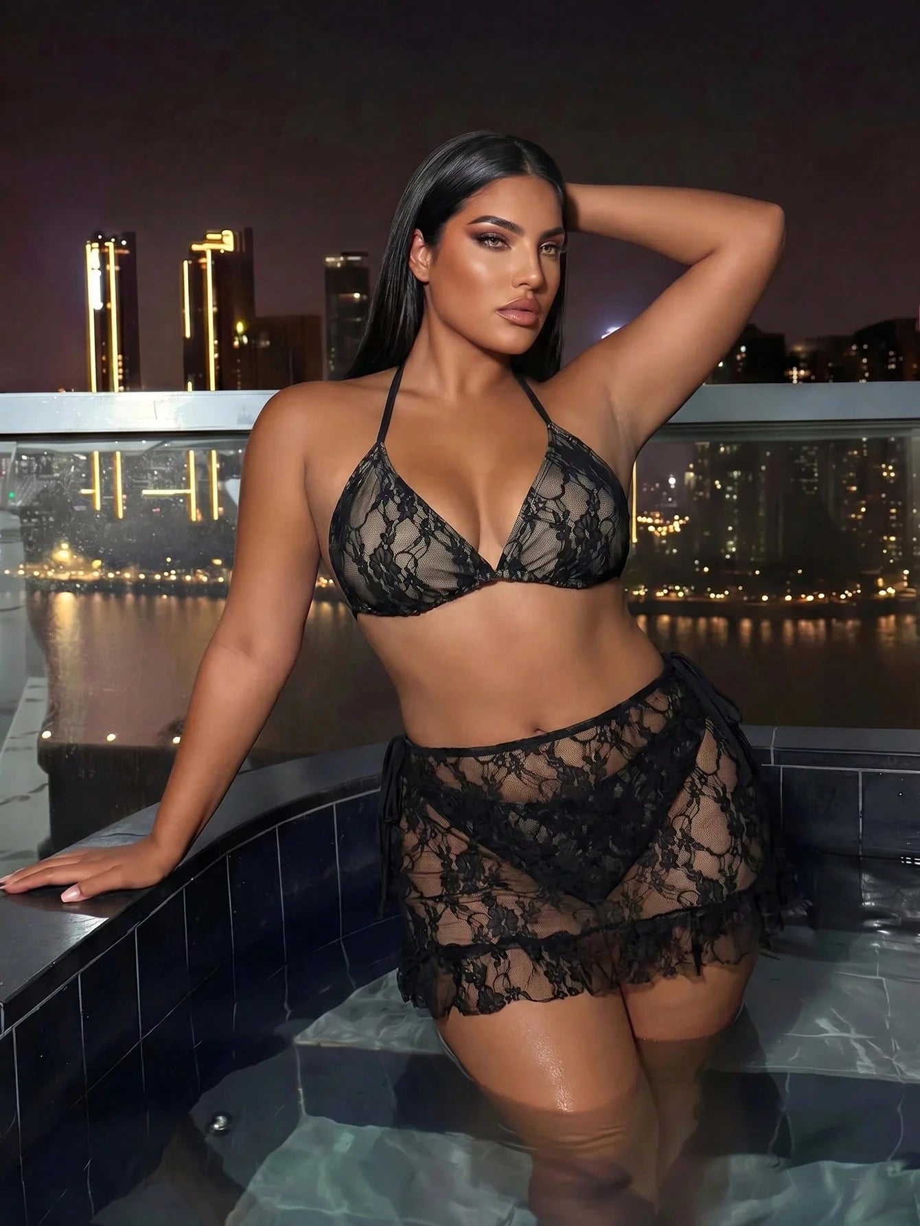 Swim SXY Plus Size Women's Summer Black Lace 3-Piece Swimsuit Set, Vacation Style Halter Triangle Cup Bikini, Sheer Lace Short Skirt Cover-Up, Suitable For Beach Vacation, Pool Party, Casual Daily Wea