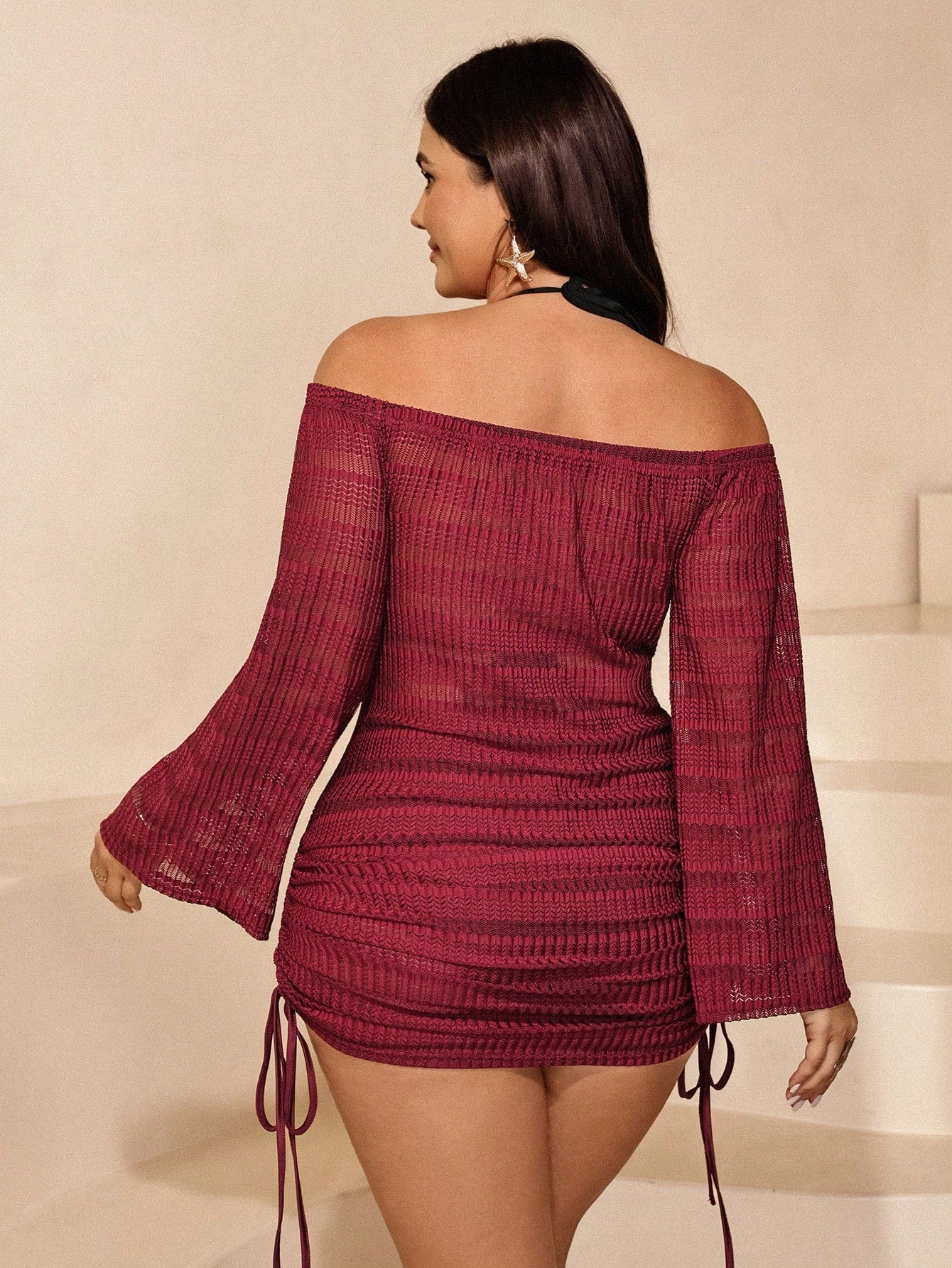 Swim SXY Plus Size Women Solid Color Off-Shoulder Long Sleeve Coverup Dress