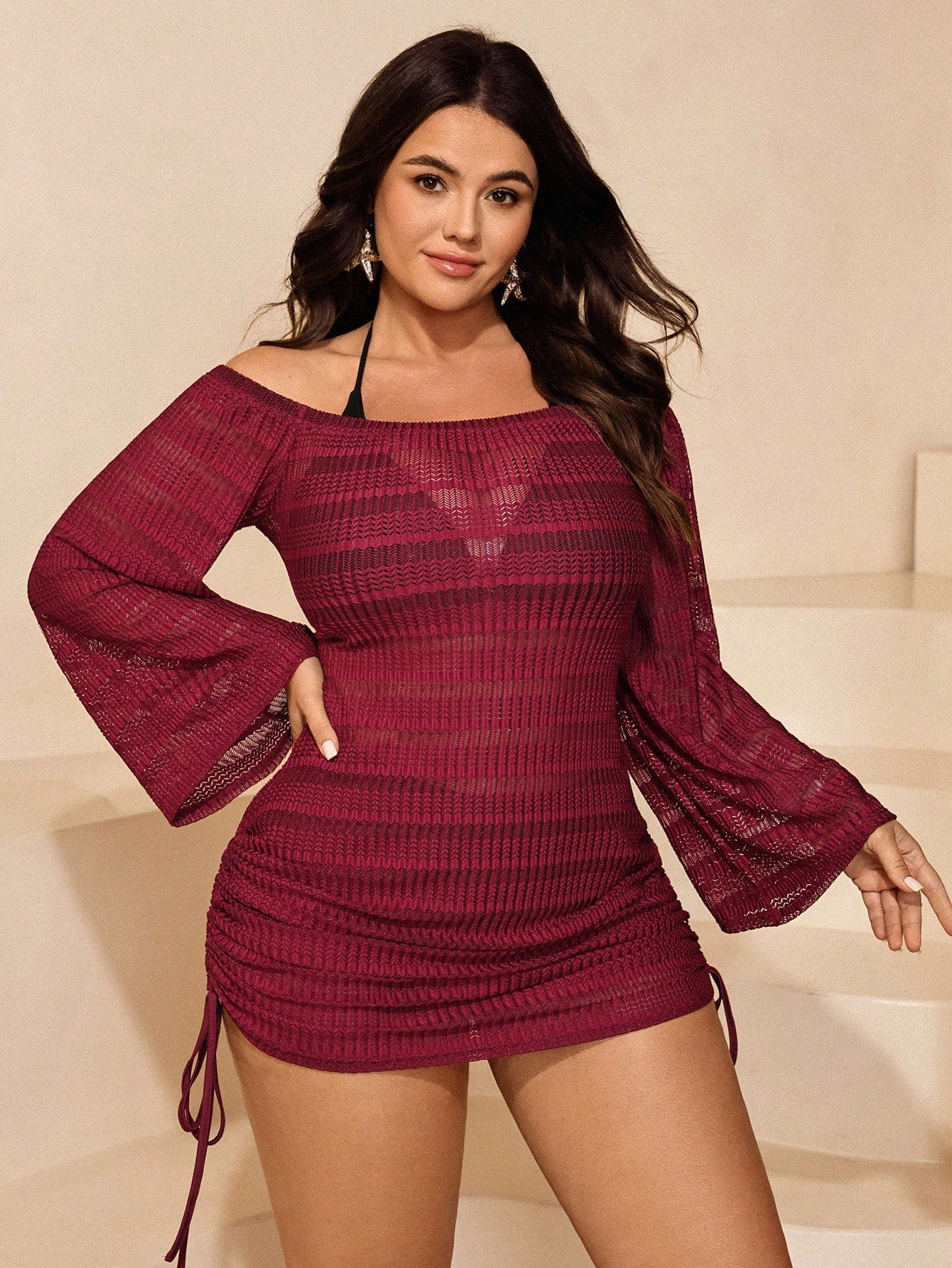 Swim SXY Plus Size Women Solid Color Off-Shoulder Long Sleeve Coverup Dress