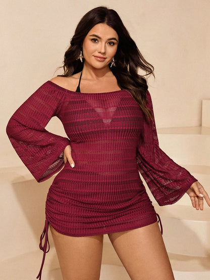 Swim SXY Plus Size Women Solid Color Off-Shoulder Long Sleeve Coverup Dress