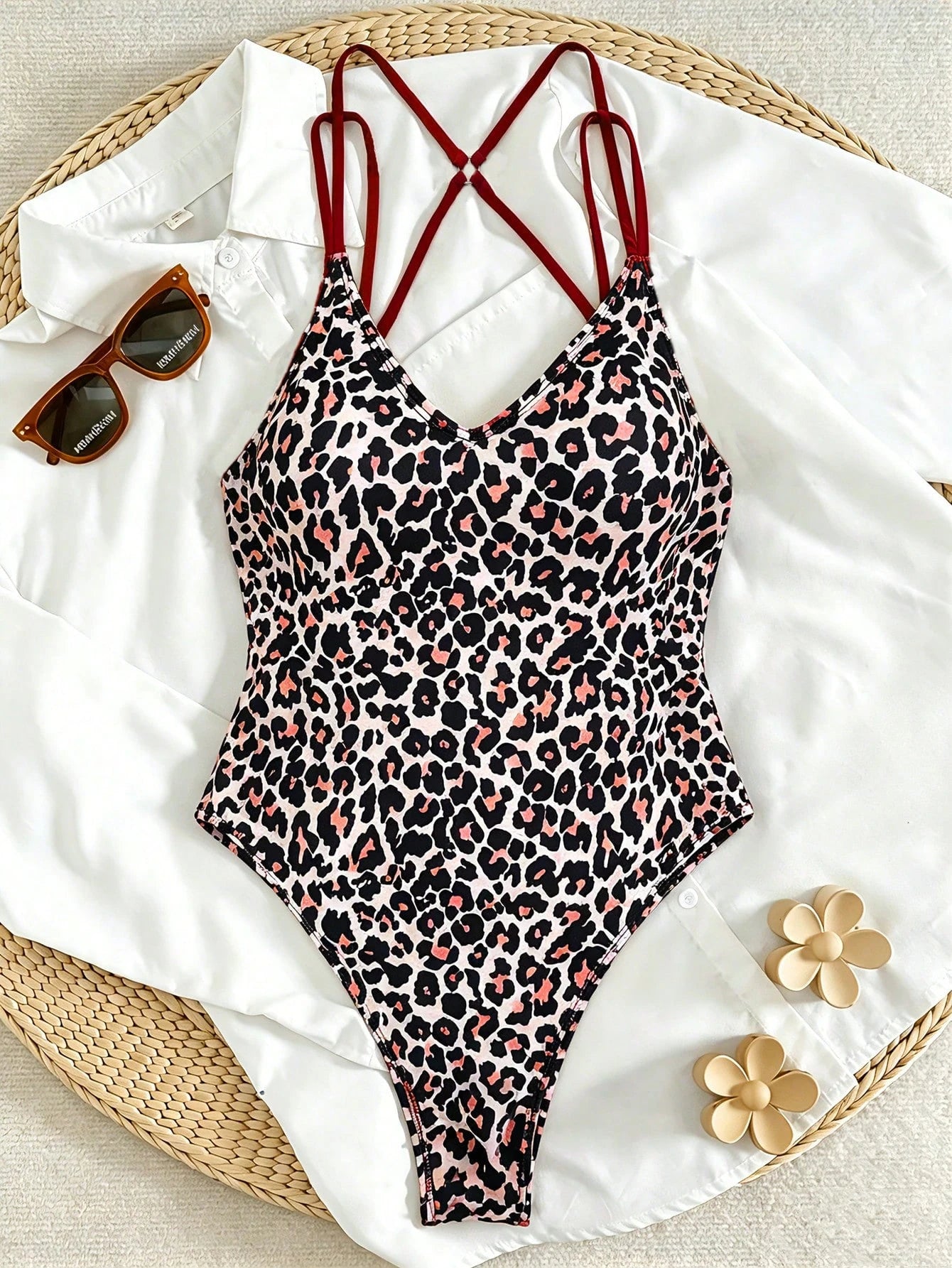 Swim SXY Vacation Beach Leopard Print One-Piece Swimsuit, Random Print