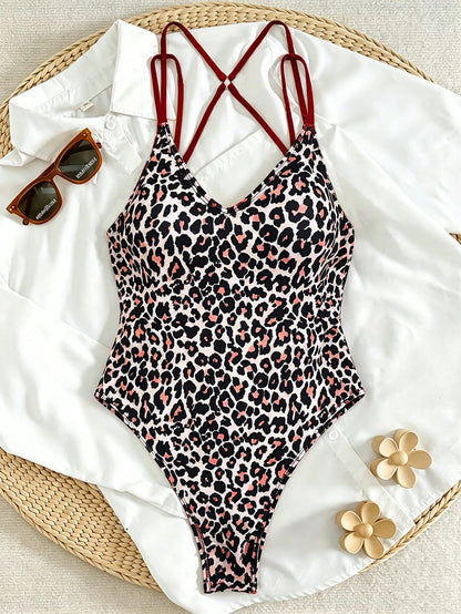 Swim SXY Vacation Beach Leopard Print One-Piece Swimsuit, Random Print