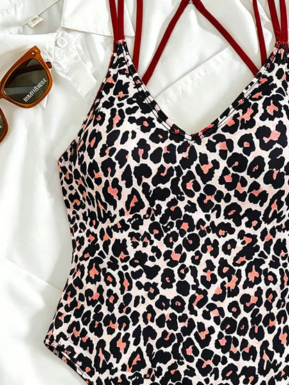 Swim SXY Vacation Beach Leopard Print One-Piece Swimsuit, Random Print