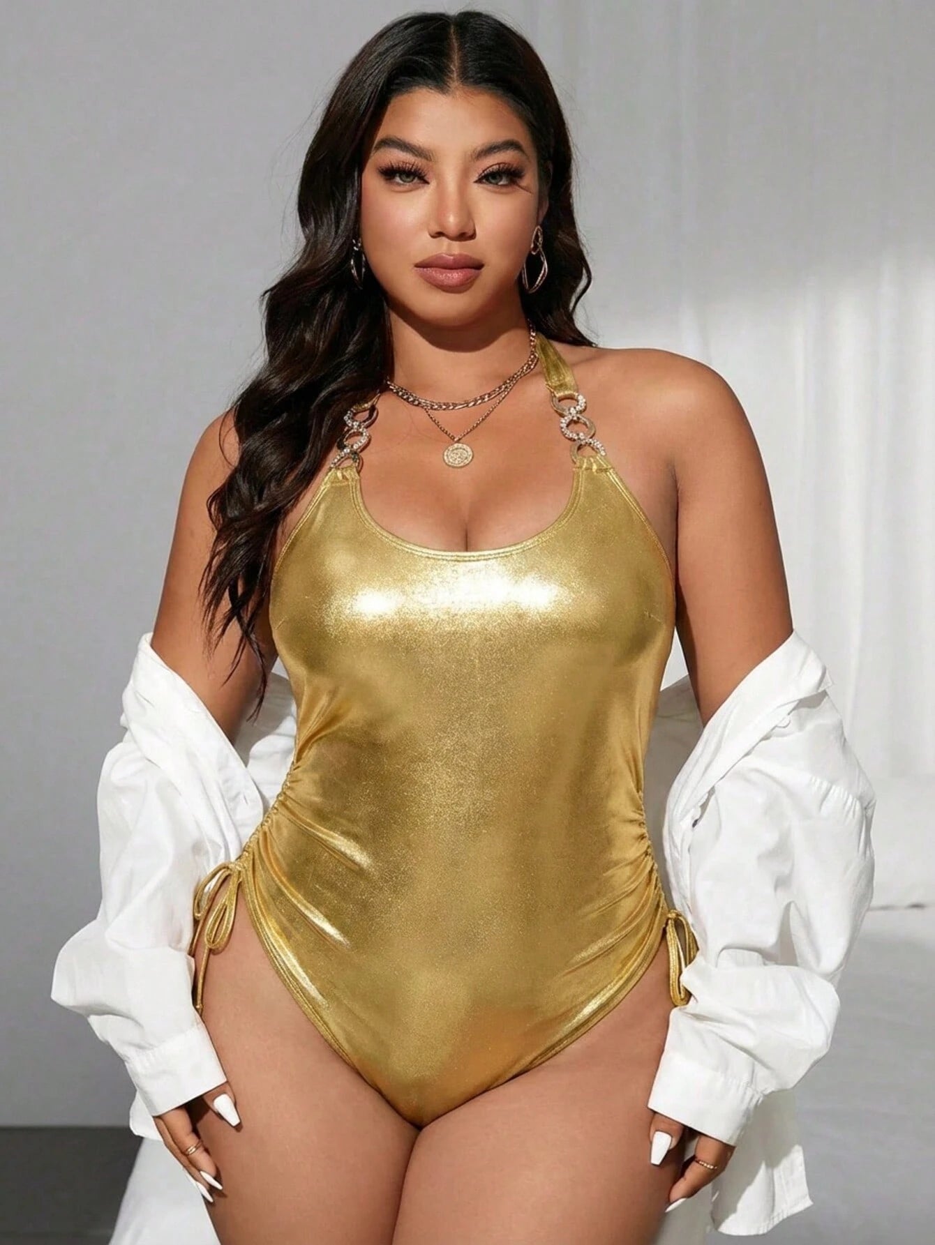 Swim SXY Women's Plus Size One-Piece Swimsuit, Metallic Gold Halter Neck Backless Ruched Waist Swimwear, Summer Rave Vacation Island Travel Gym