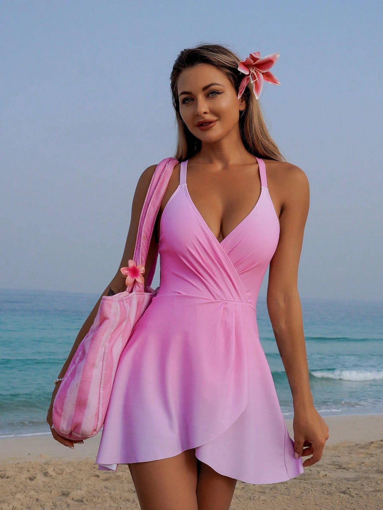 Swim Vcay 1pc Women's Solid Color Spaghetti Strap One-Piece Swimsuit, Fashionable For Summer
