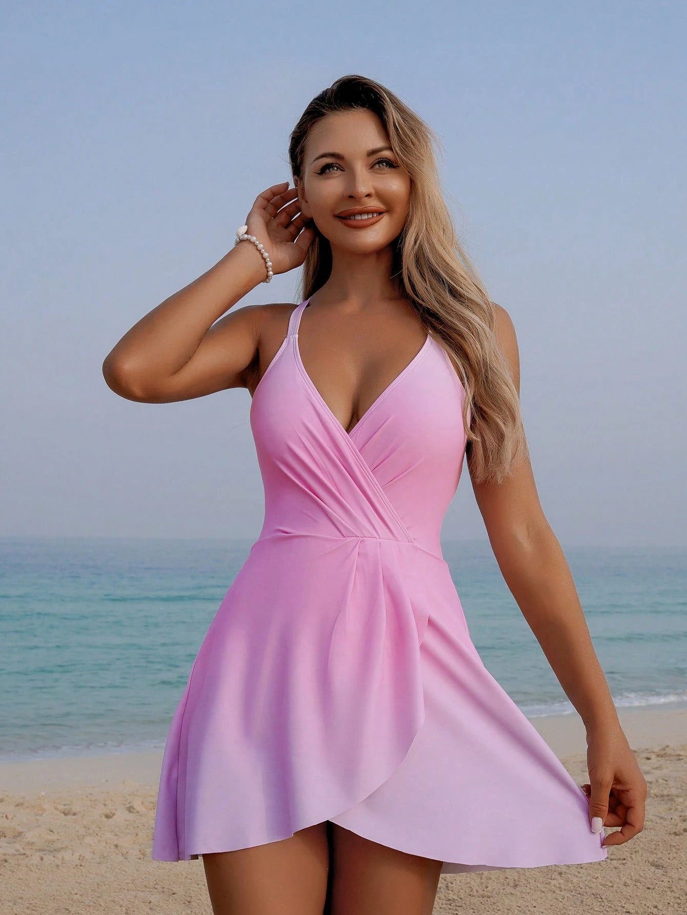Swim Vcay 1pc Women's Solid Color Spaghetti Strap One-Piece Swimsuit, Fashionable For Summer